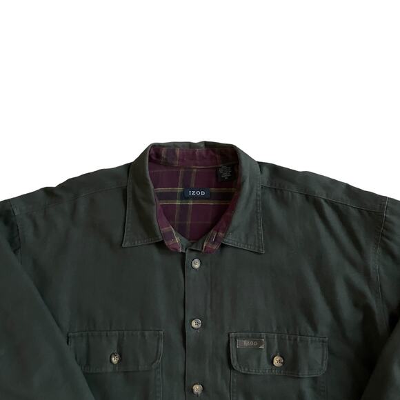 Vintage IZOD Men’s XL Button Down Long Sleeve Shirt Shacket Green Flannel Lining - Picture 2 of 12